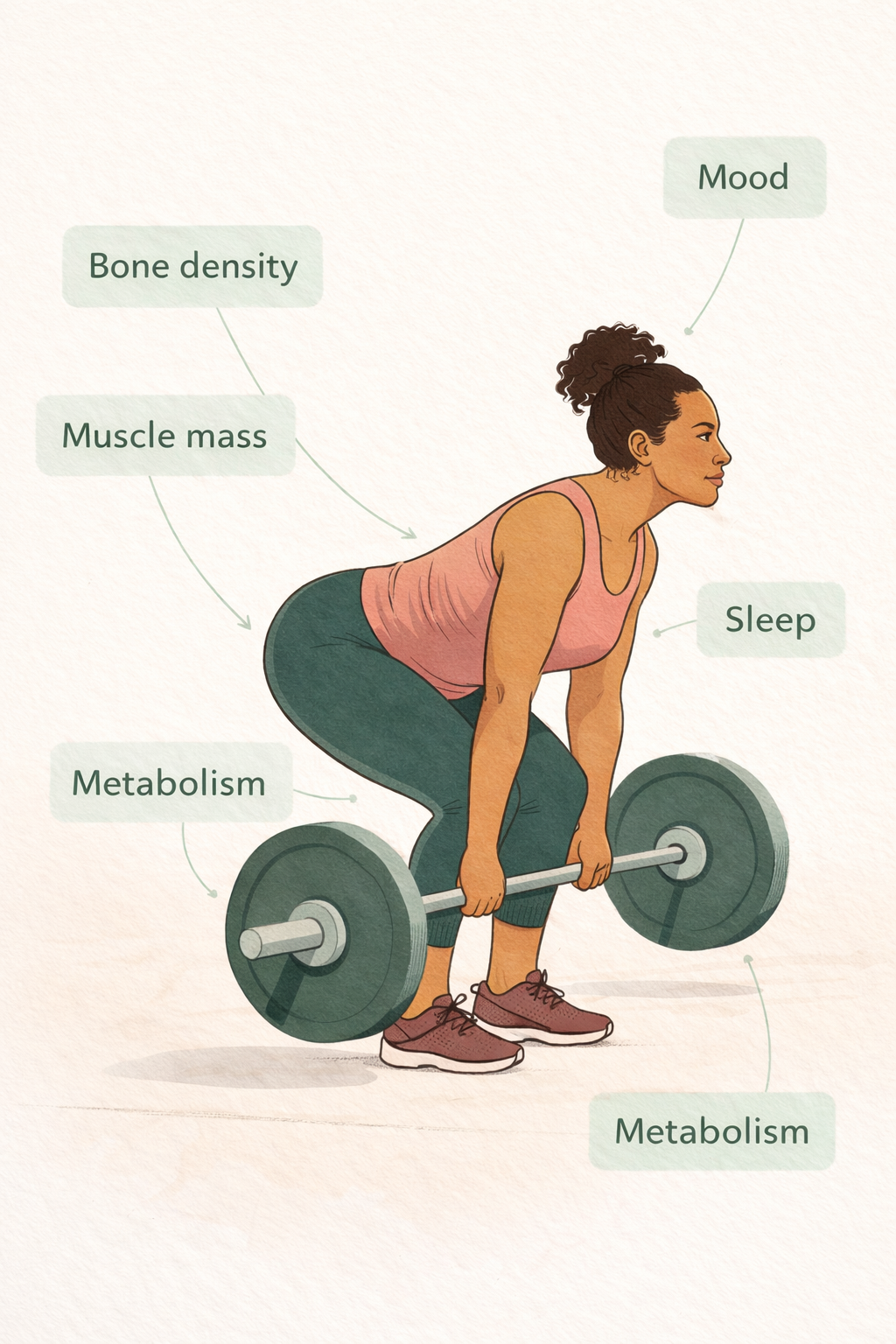 Illustration of a woman in her late 40s performing a deadlift with proper form, with floating labels showing the five benefits of resistance training: bone density, muscle mass, mood, metabolism, and sleep