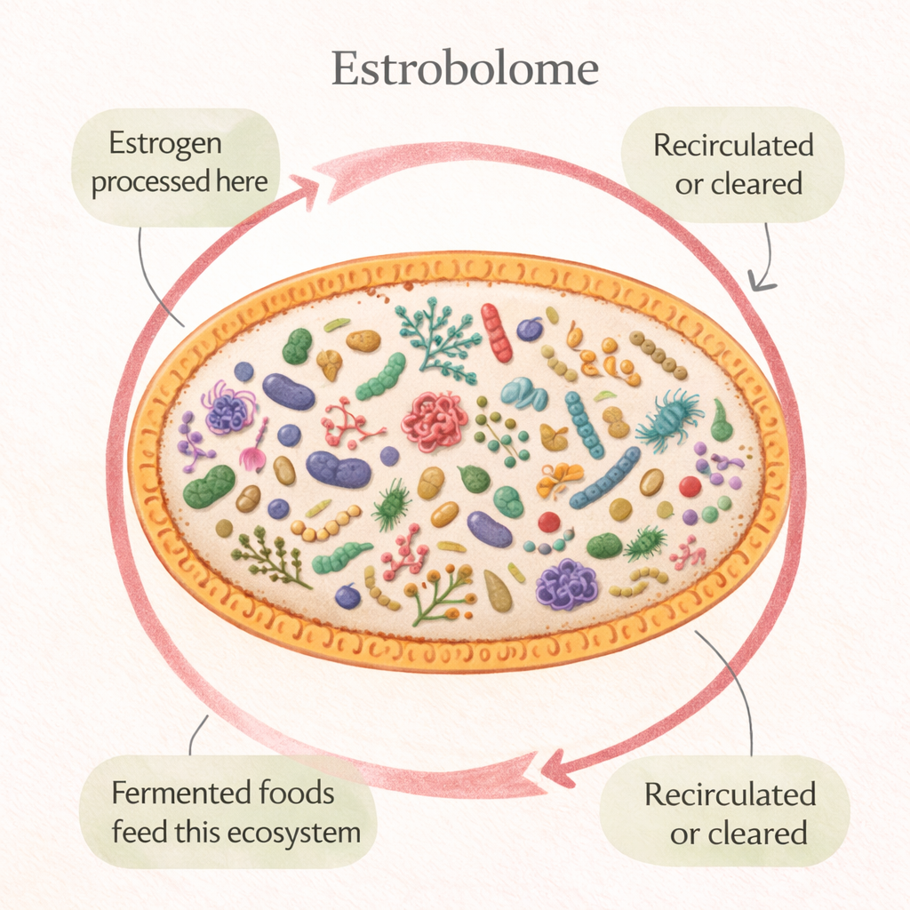 Illustration of the estrobolome — the garden of gut bacteria that processes estrogen, showing the circular estrogen cycle and how fermented foods feed the ecosystem