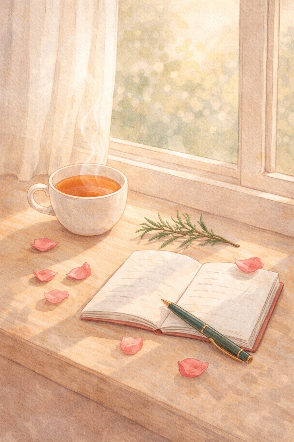 A warm morning windowsill with steaming tea, an open notebook, rose petals and rosemary — the feeling of informed calm