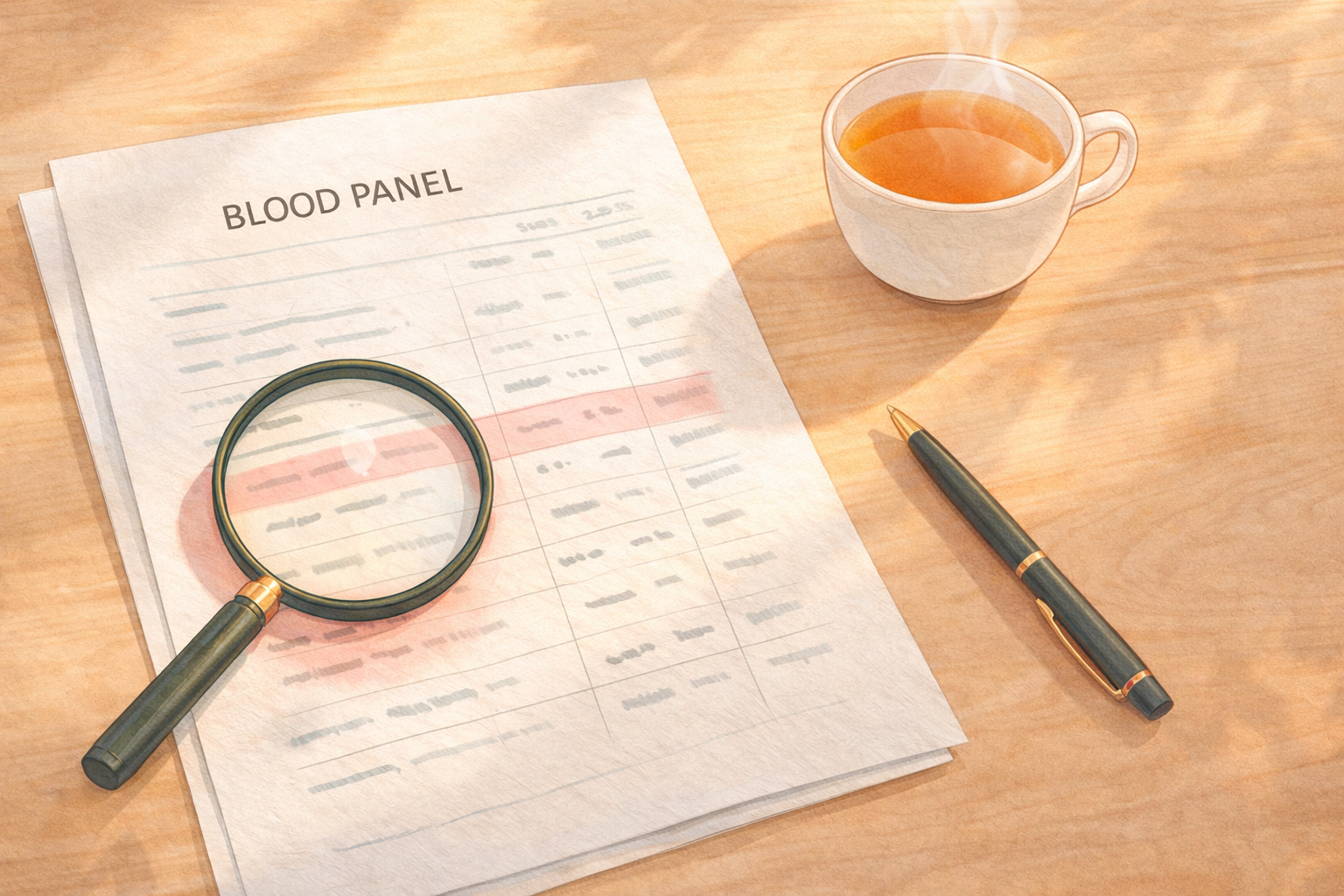 A warm flat-lay illustration of a blood panel lab report on a wooden surface, with a magnifying glass highlighting one row in rose pink, a steaming cup of tea, and a green pen — the feeling of a woman at home reviewing her results with knowledge and confidence