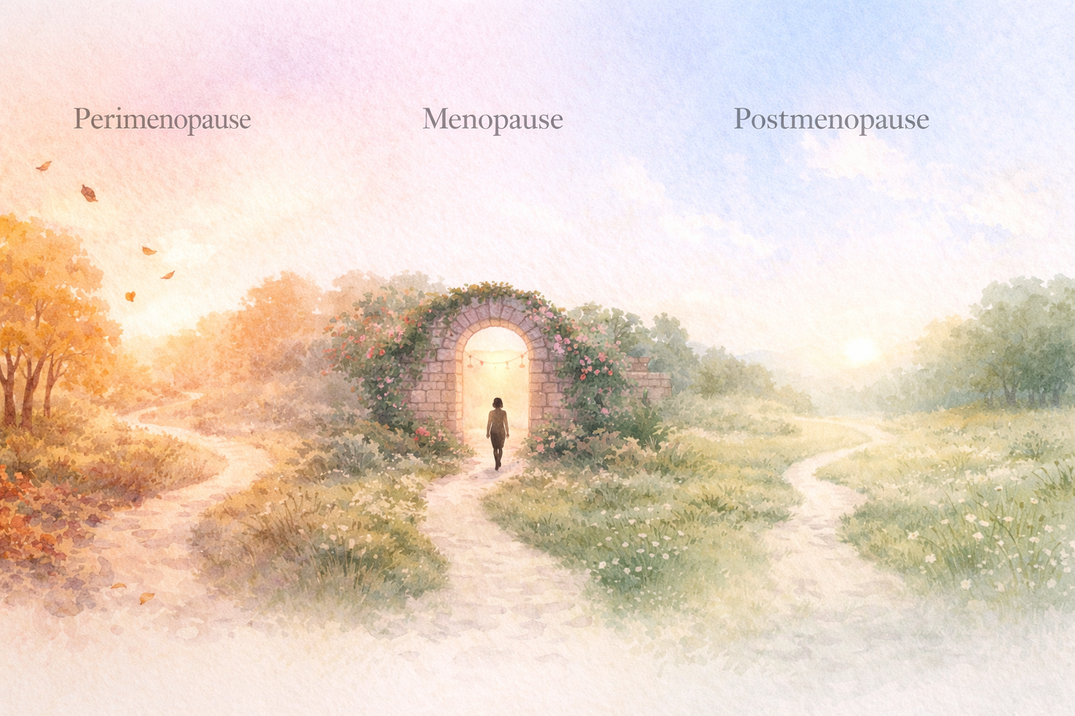 A watercolour landscape showing the three stages of menopause as a journey — warm amber autumn light through perimenopause, a rose-covered stone arch at menopause, and an open sunlit meadow in postmenopause. A small female silhouette walks toward the light.